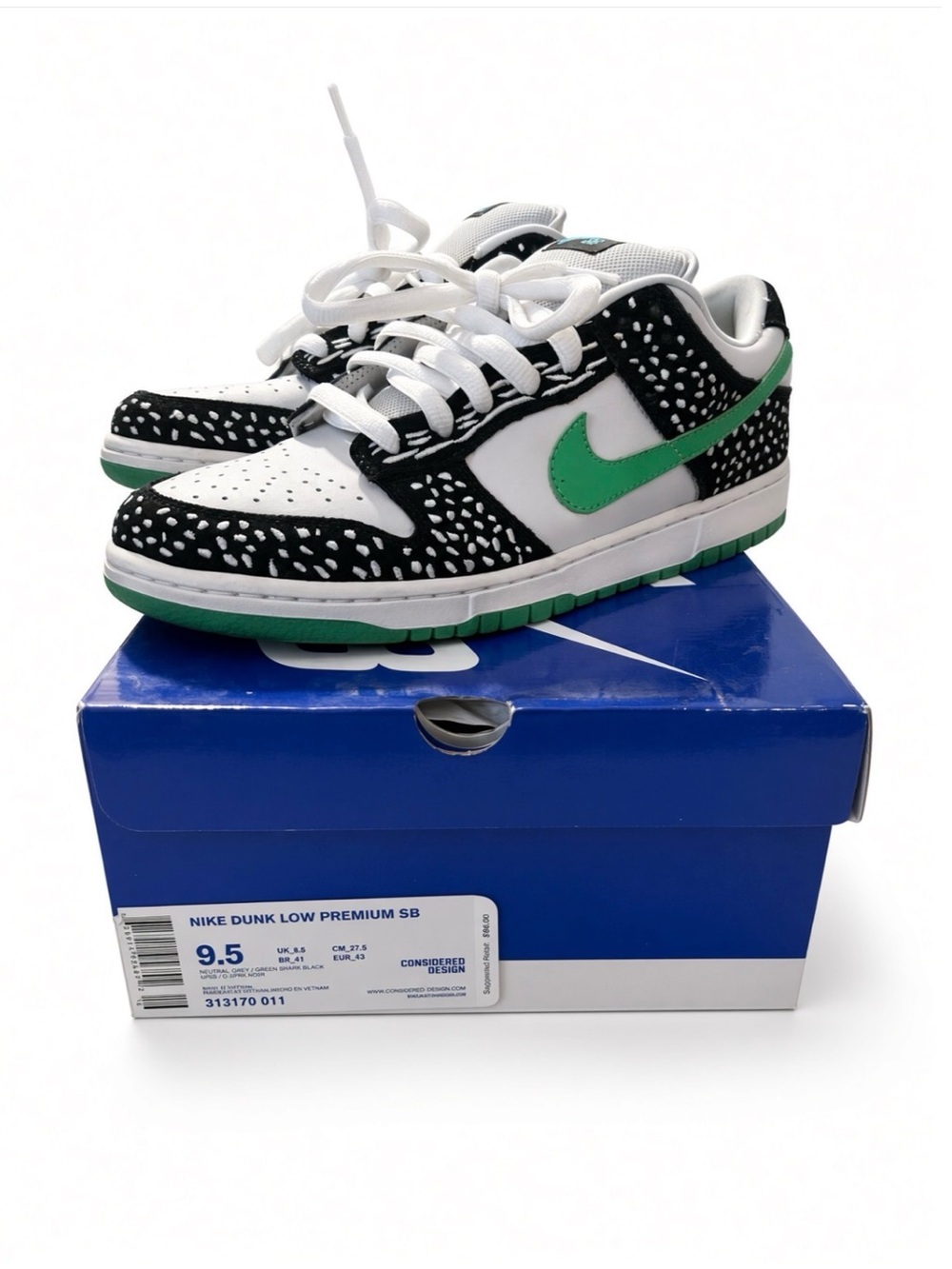 Nike | Dunk Premium SB Low-Top Loon Sneakers in Black, White & Green Sz 9.5